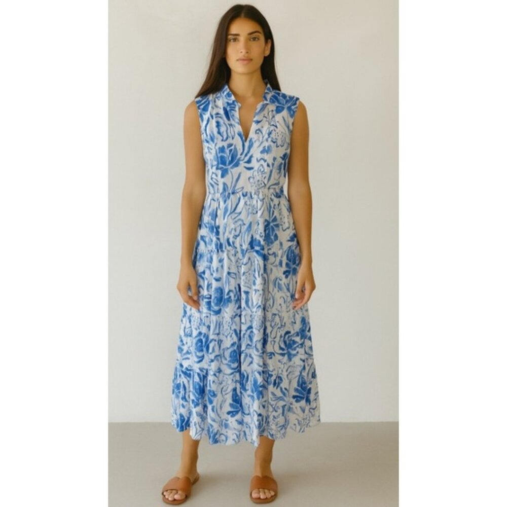 Cynthia Steffe Floral Long Maxi Dress Womens Medium Blue Tiered Elastic Waist
